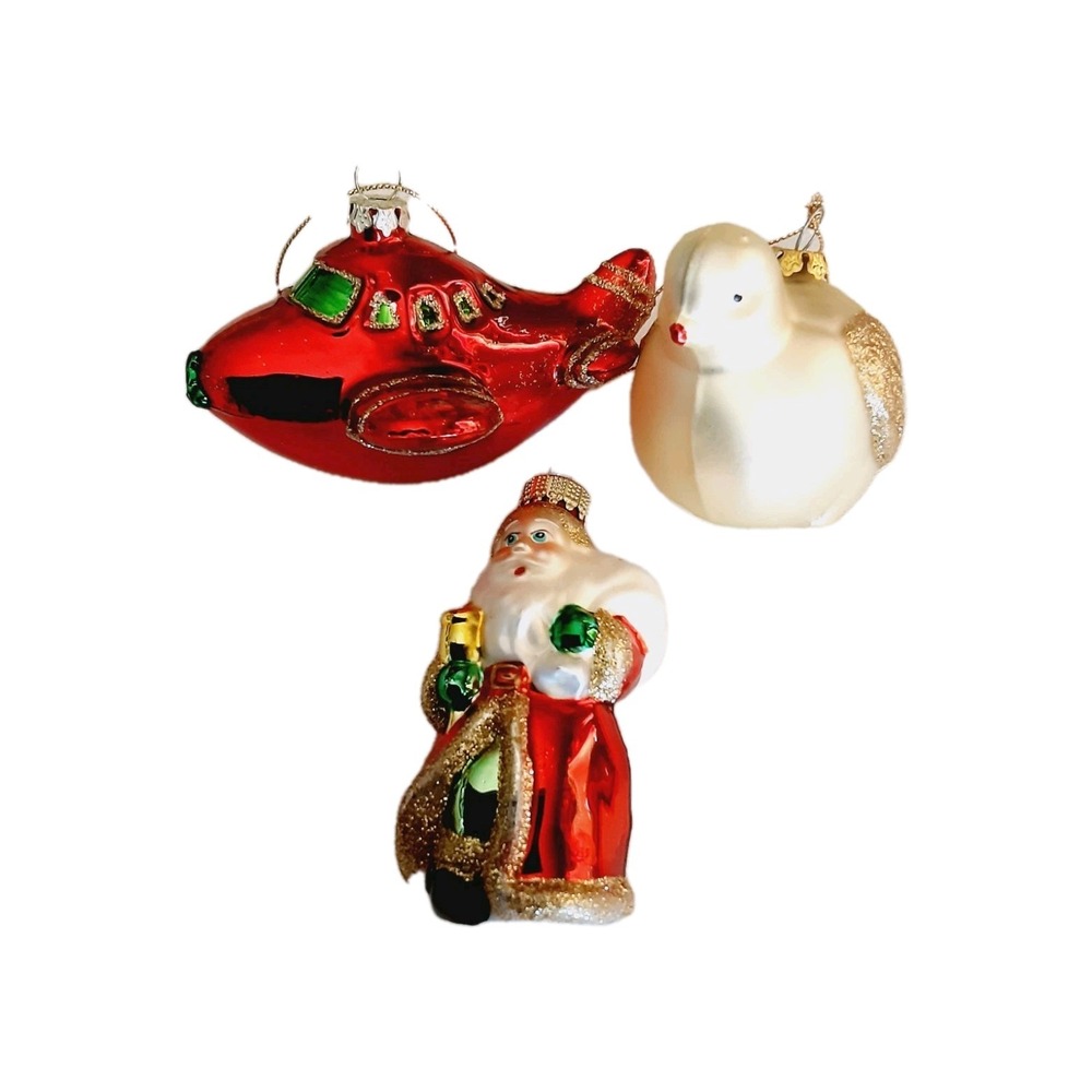 Vtg Christmas Ornaments Set Of 3 Santa Red Airplane Dove Mixed